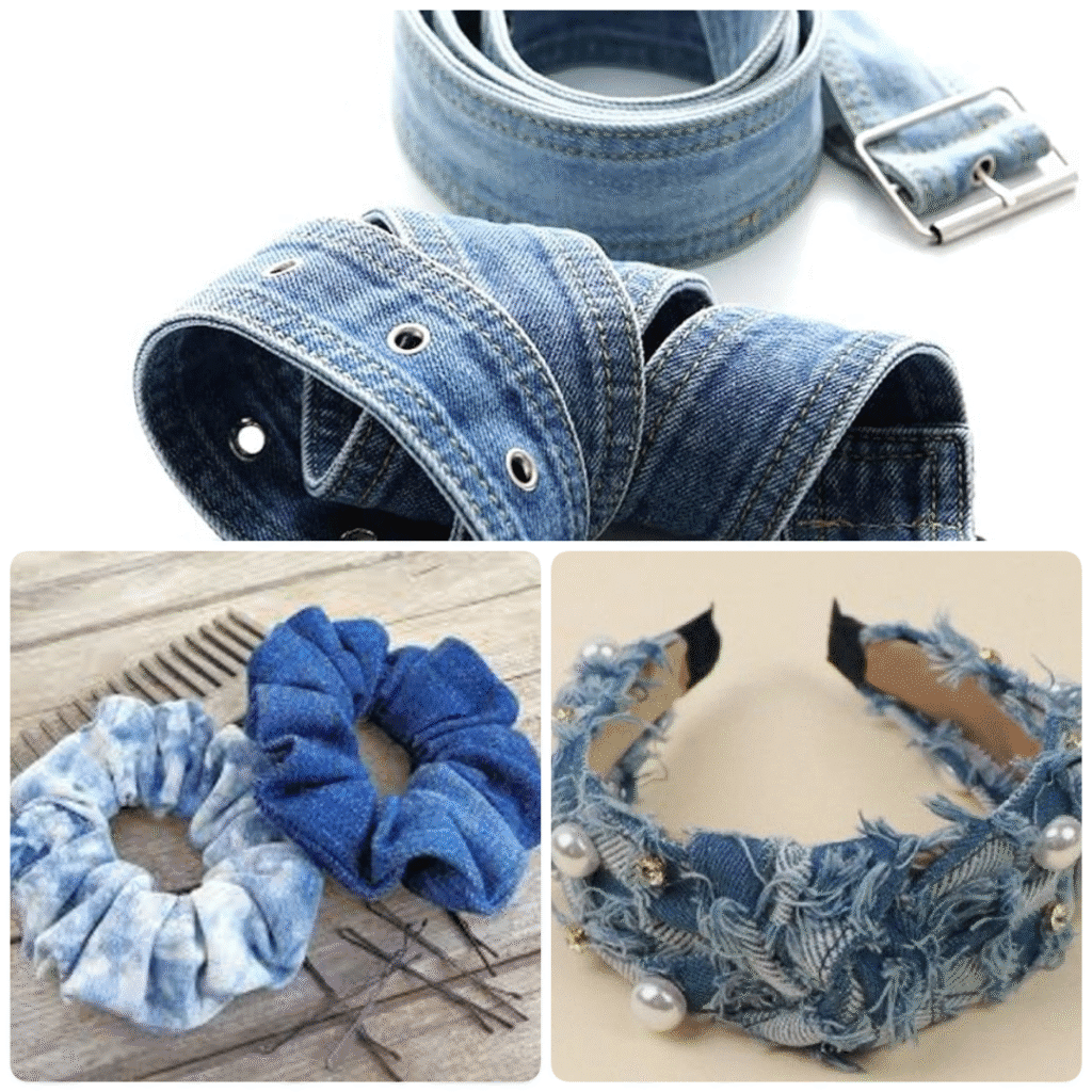 Collage of denim hair and fashion accessories including a blue jeans belt, two scrunchies made from recycled denim, and a frayed denim headband decorated with pearls.