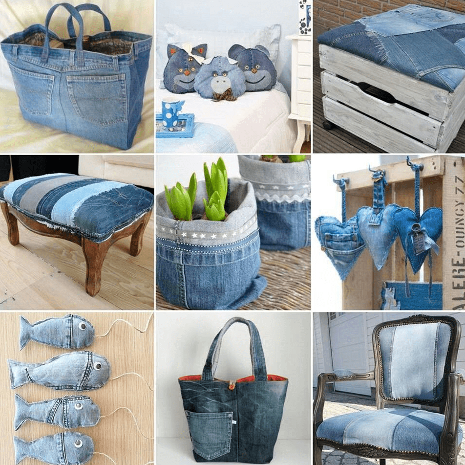 Collage of upcycled denim projects including tote bags, animal and heart shaped pillows, patchwork ottomans and benches, fabric plant pots, stuffed fish decor, and a reupholstered chair all made from old jeans.
