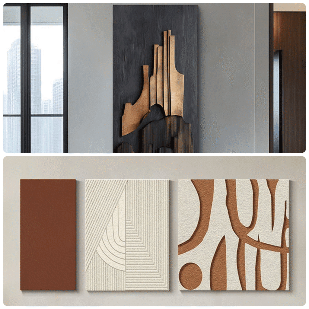 Modern bedroom wall art featuring a tall black panel with abstract metallic bronze sculptural shapes and a set of three minimalist canvases in warm terracotta and cream with raised geometric and organic textures.