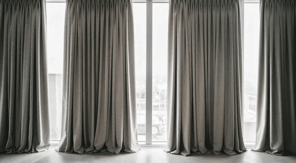 Floor length gray curtains hanging across tall windows in a modern room, showing how new fabric panels can refresh a space on a budget.