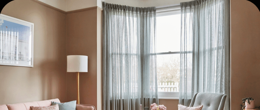 Cozy living room with soft brown walls and tall corner windows dressed in airy gray curtain panels that let in filtered light.