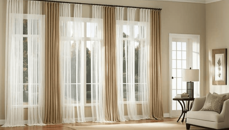 Bright living room with tall windows dressed in floor length beige curtains layered under airy white sheers beside a glass patio door and armchair.