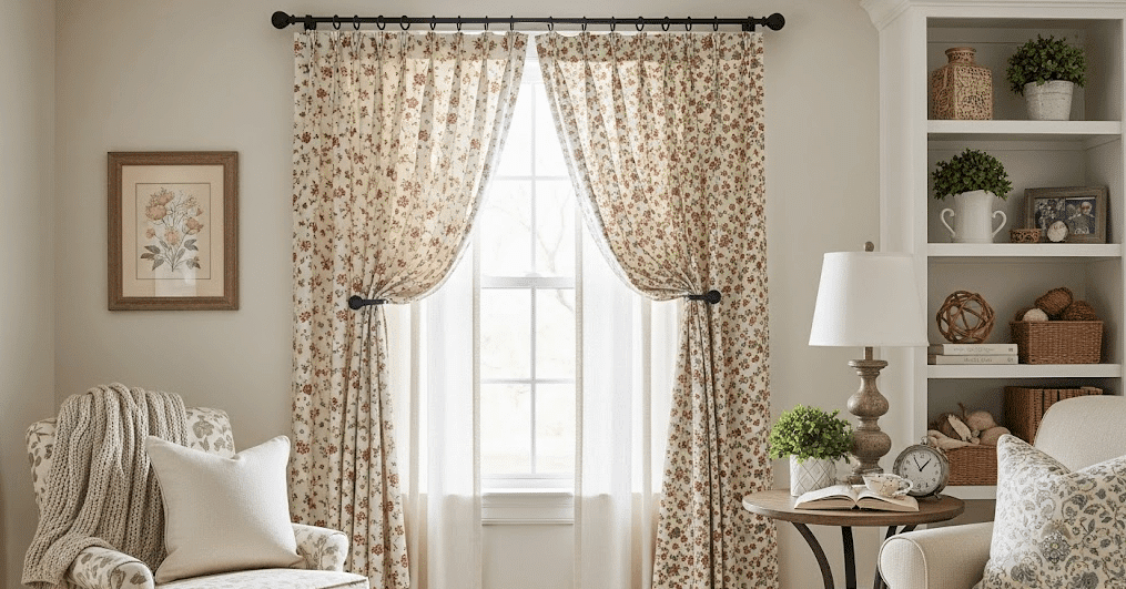 Bright living room with floral budget friendly curtains tied back over white sheers, cozy armchair, side table, and built in shelves styled with baskets and plants.
