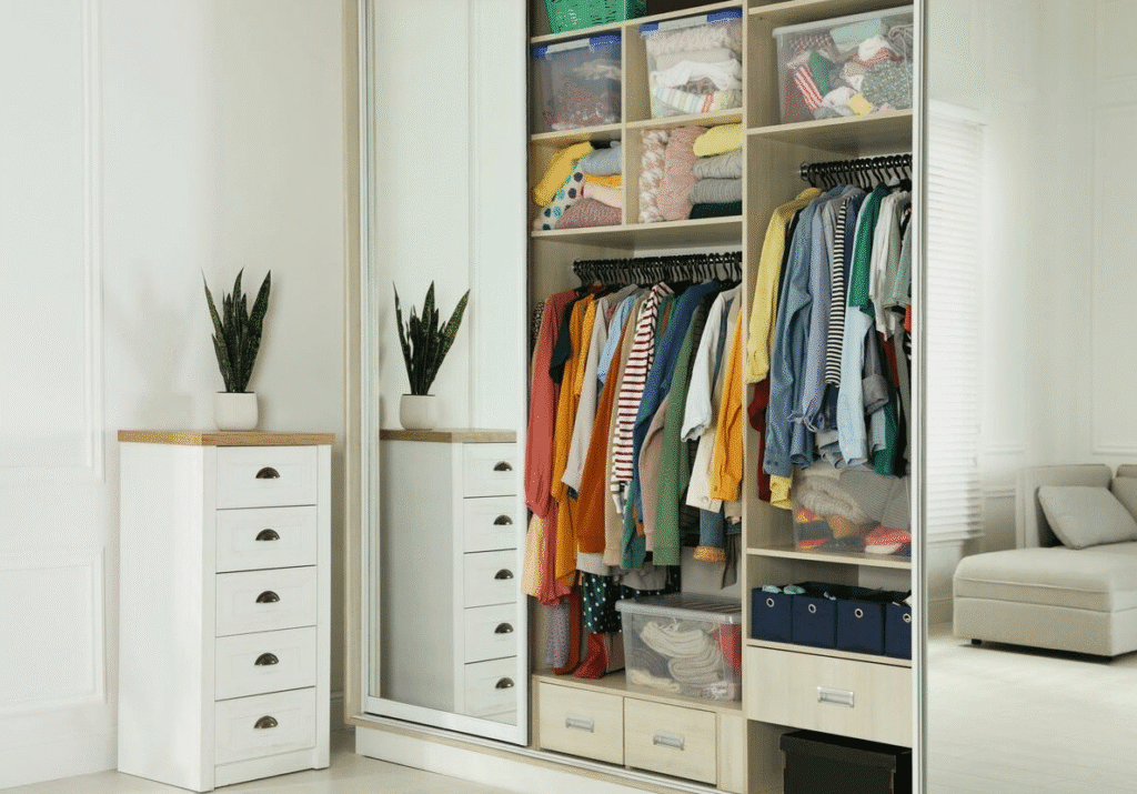 Organized open wardrobe with color coordinated clothes, storage bins, and a sliding mirror door in a bright minimalist bedroom.