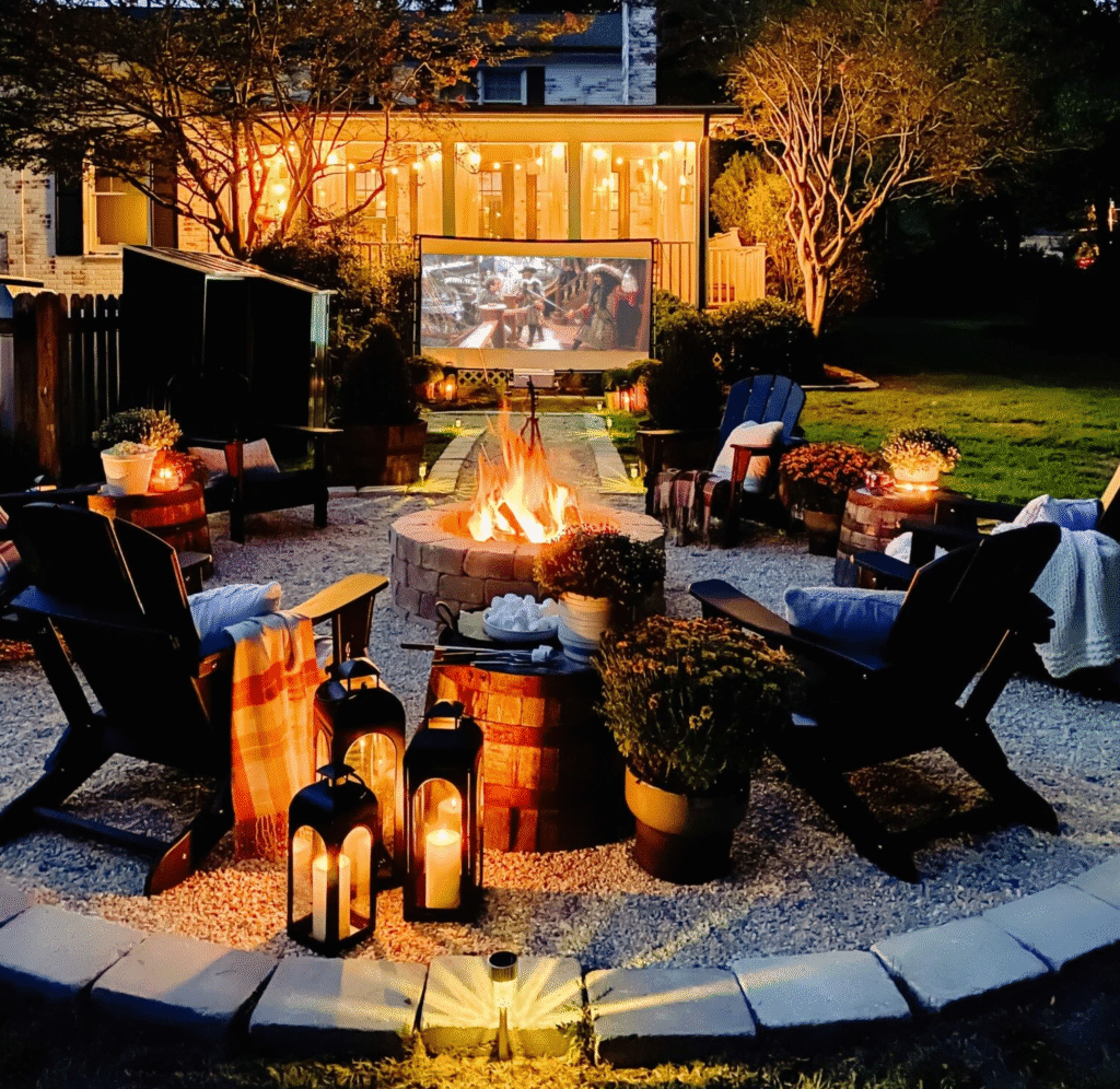 Backyard campfire circle with Adirondack chairs, lanterns, cozy throws, and a projector screen for an outdoor movie night