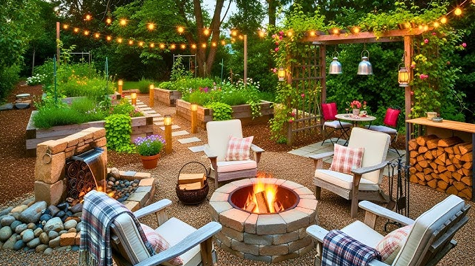 Garden fire pit patio with string lights, lantern lit path, raised garden beds, and cozy chairs with plaid pillows