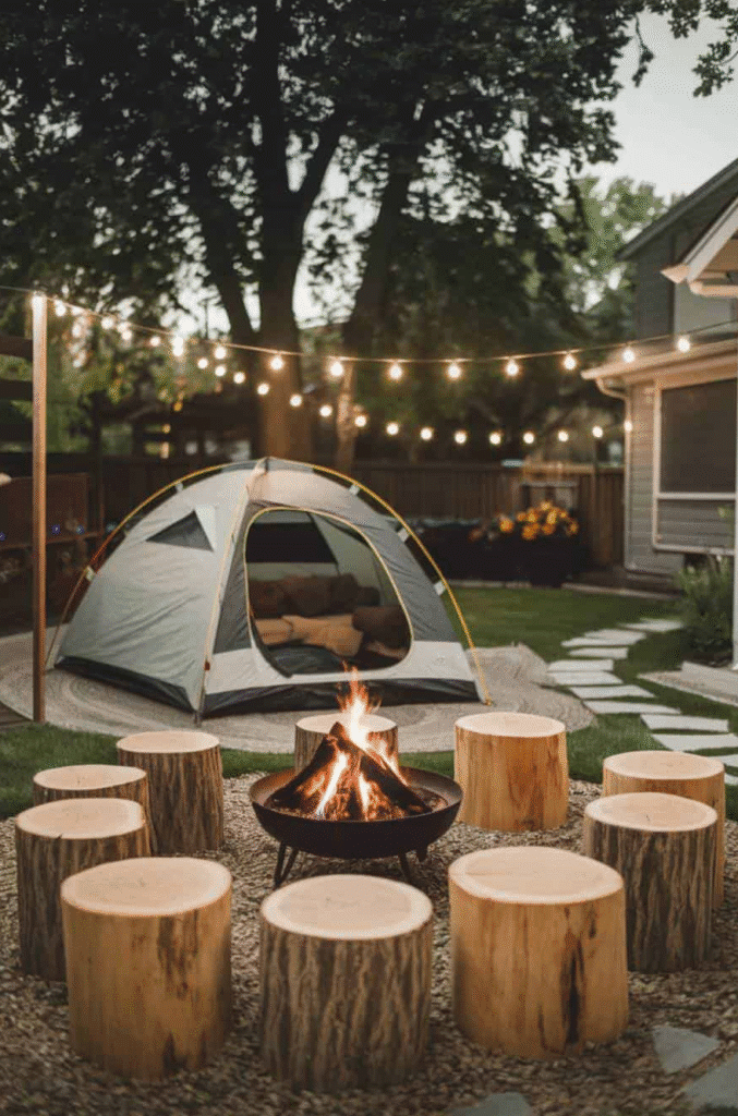 Backyard camping setup with a dome tent, string lights, a fire pit, and log stump seats arranged in a circle