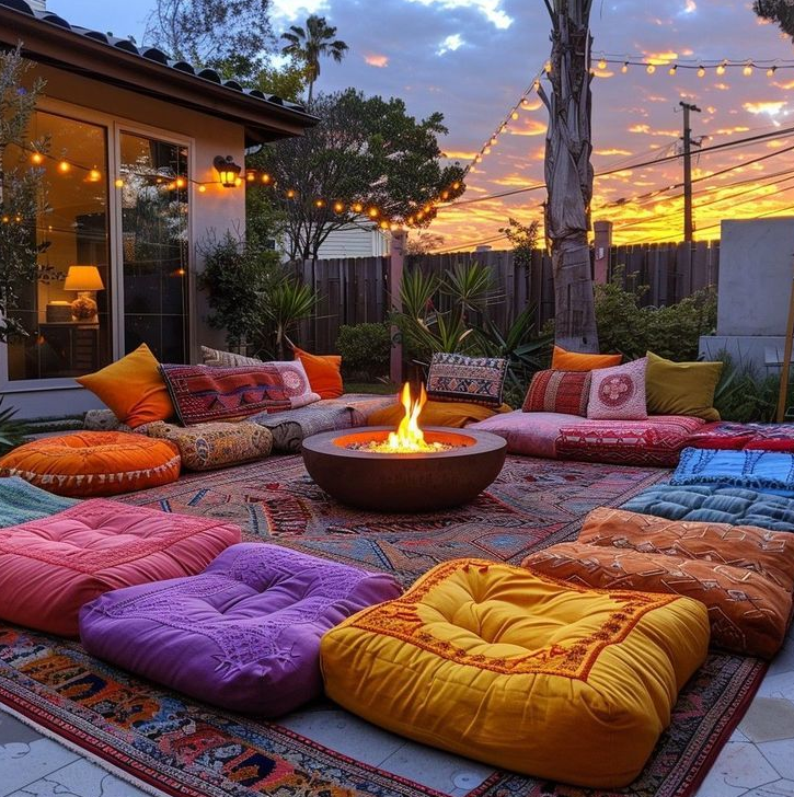 Backyard patio camp lounge with a round fire pit, string lights, layered rugs, and colorful floor cushions at sunset
