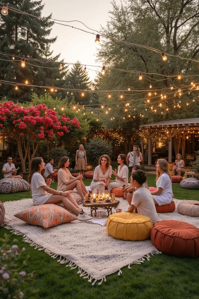 Backyard gathering on a large outdoor rug with floor cushions, candlelit table, and string lights hanging overhead at dusk