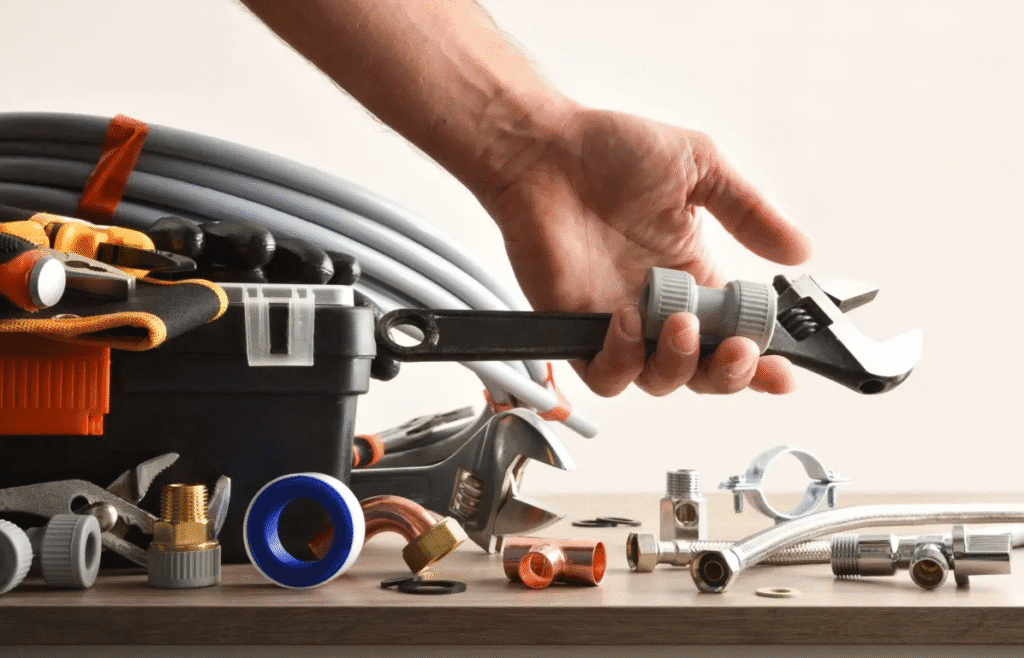 Hand holding an adjustable wrench over a workbench with plumbing fittings, PTFE tape, flexible hose, and a toolbox in the background