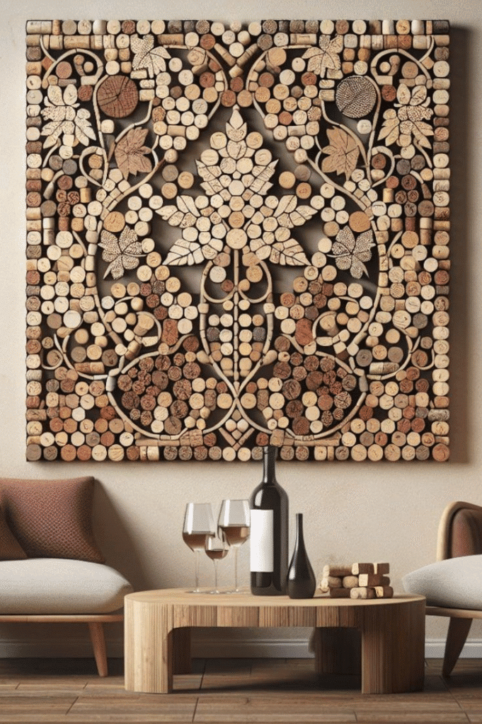 Large wall art made from recycled wine corks in a floral pattern above a coffee table with wine glasses and a bottle