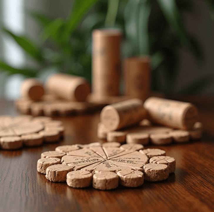 DIY coasters made from sliced wine corks arranged in a circle on a wooden table, with extra corks in the background