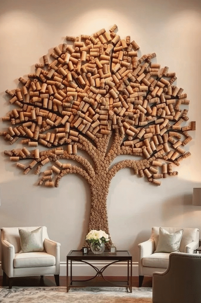 Large wine cork wall art shaped like a tree, with corks forming branches and leaves above a sitting area with two armchairs