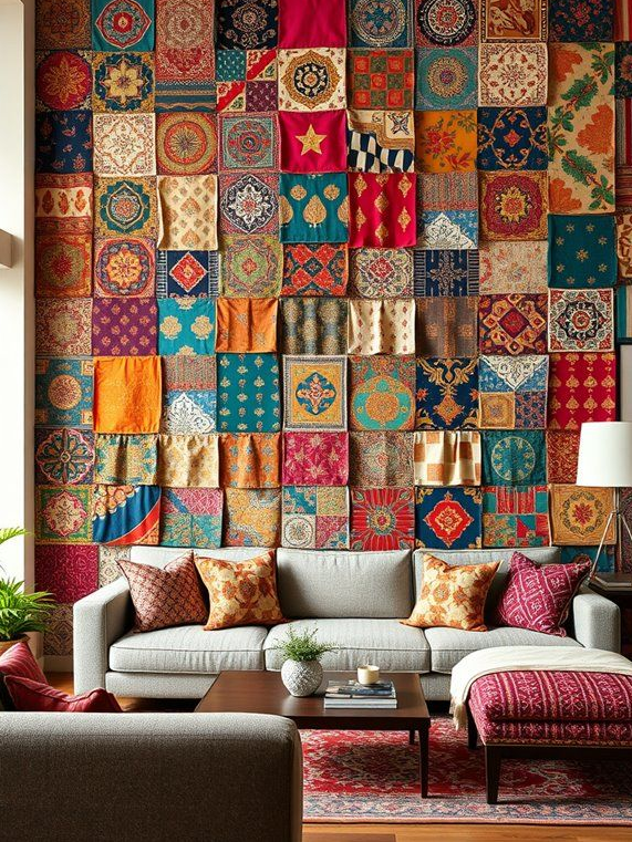 Living room with a colorful patchwork fabric wall hanging made from scrap textiles behind a sofa with patterned throw pillows