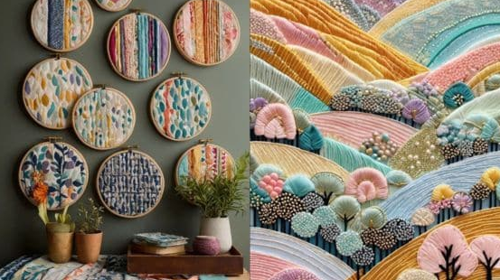 Fabric scrap wall art display with embroidery hoop pieces on one side and a colorful quilted textile landscape artwork on the other