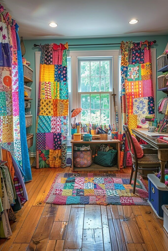 Bright craft room with patchwork fabric scrap curtains, a matching quilted rug, and a desk filled with sewing and art supplies