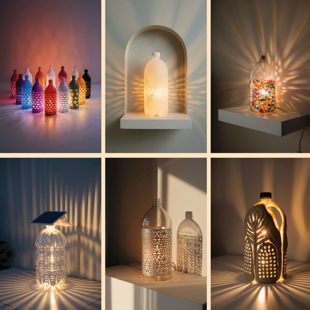 Collage of upcycled plastic bottle lanterns and lamps with cutout patterns and warm glowing light on shelves and tabletops