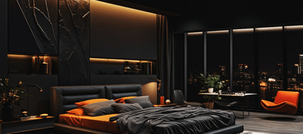 Moody modern bedroom with a dark leather bed frame, orange and gray bedding, built in dark wall panels with warm accent lighting, and large windows overlooking a city skyline at night