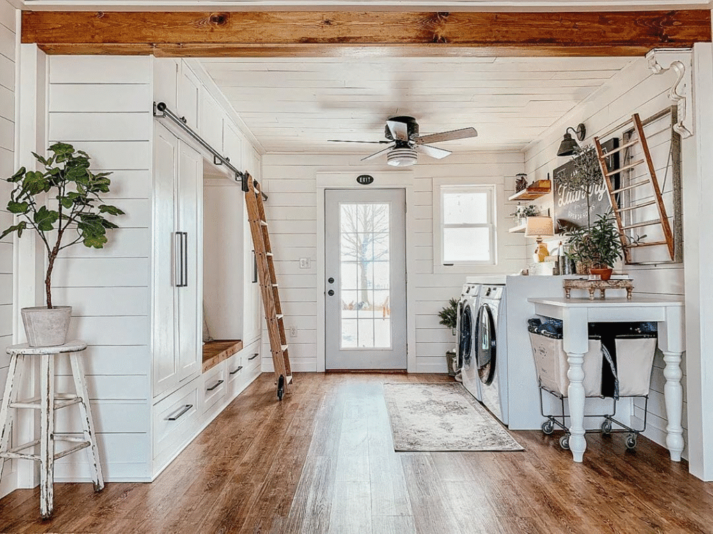 Cozy Farmhouse Lighting in Small Laundry Spaces