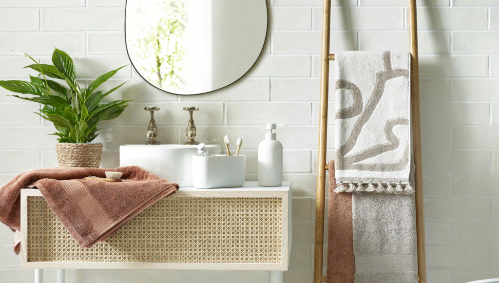 Bright bathroom with woven front vanity, green plant, and layered neutral towels on a wooden ladder showing how textiles refresh the space on a budget