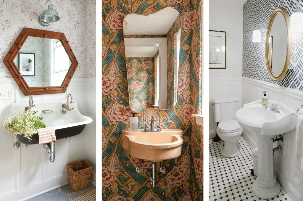 Three small bathrooms with patterned wallpaper, statement mirrors, and classic sinks showing stylish budget friendly decor ideas