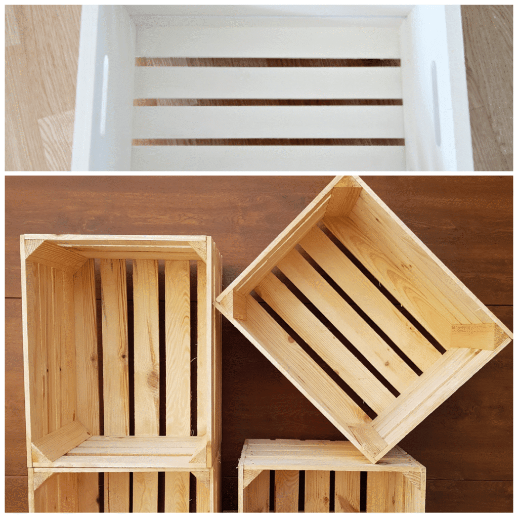 Collage of wooden storage crates including a white slatted crate and several natural wood crates arranged on a wooden floor