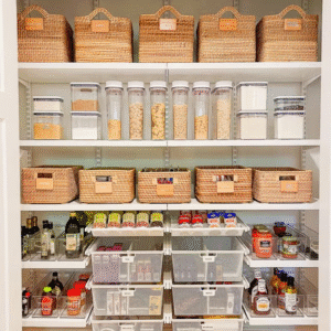Rustic pantry and closet storage with crates and baskets