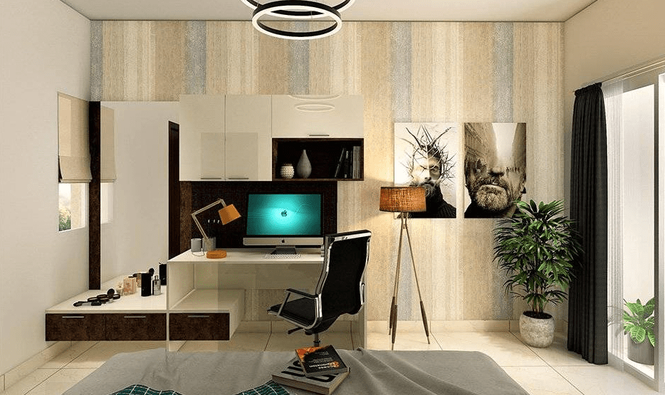 Contemporary bedroom workspace with neutral walls, white and wood desk, glowing computer screen, bold artwork, and a large green plant