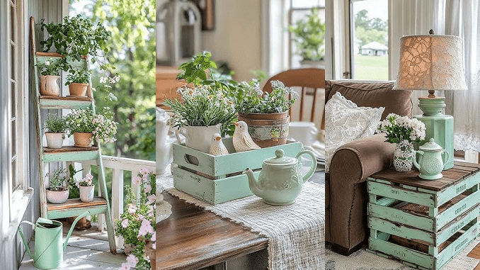 Collage of cottage style vignettes with mint crates, potted plants, and pastel ceramic teapots and birds arranged on a porch and beside a sofa