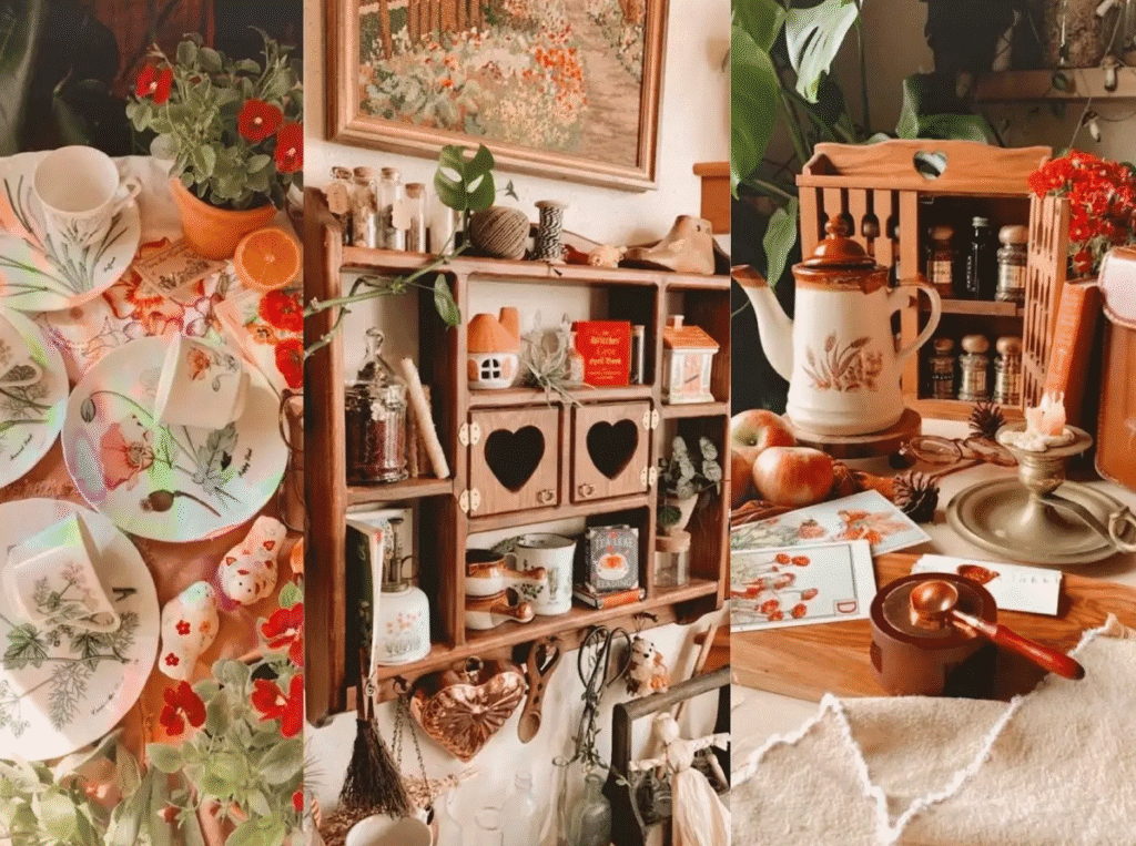 Collage of cozy cottage core vignettes with floral china plates, open wooden shelves filled with mugs and jars, and a tabletop scene with vintage teapot, apples, books, and candles