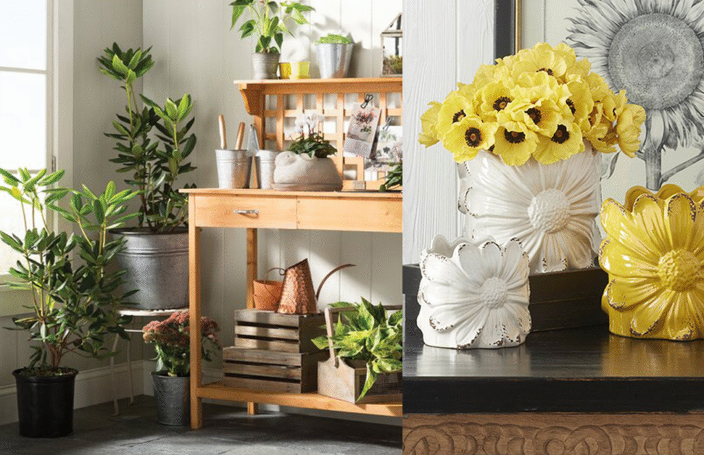 Indoor cottage style garden corner with wooden potting bench, potted plants, rustic metal buckets, and close up of flower shaped ceramic planters filled with bright yellow blooms