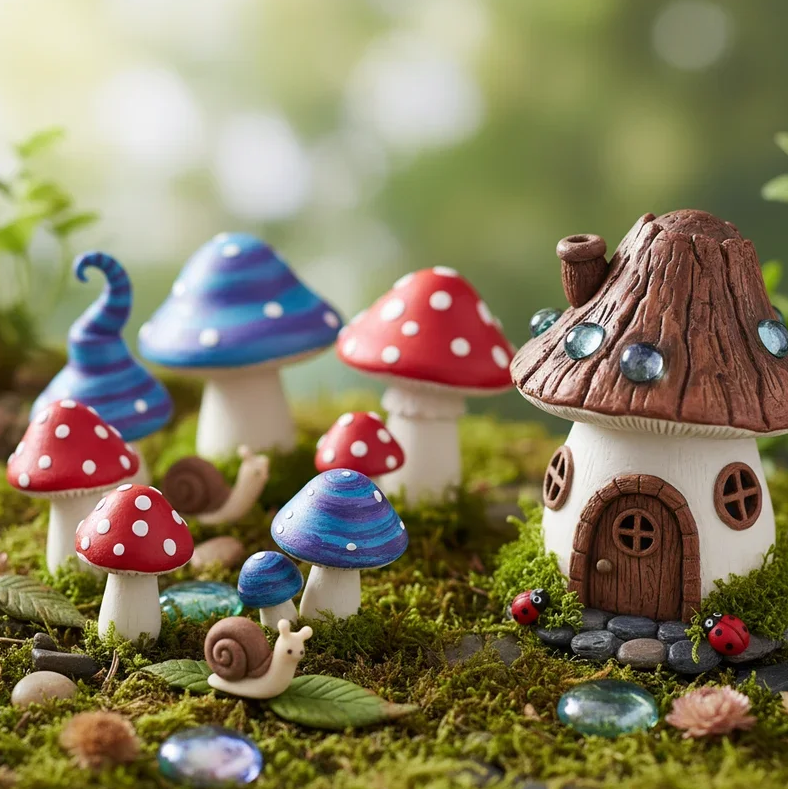 Miniature clay mushroom village with red and blue spotted mushrooms, tiny snails, and a mushroom shaped cottage set on green moss with pebbles and ladybugs