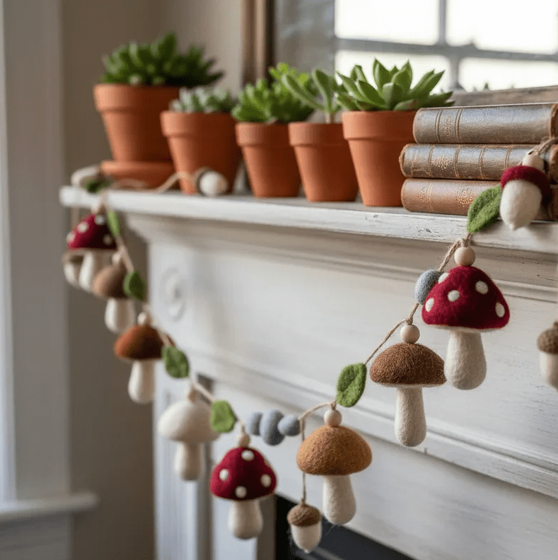 White mantel decorated with handcrafted mushroom garland in warm colors, small felt leaves, terracotta pots with succulents, and stacked vintage books