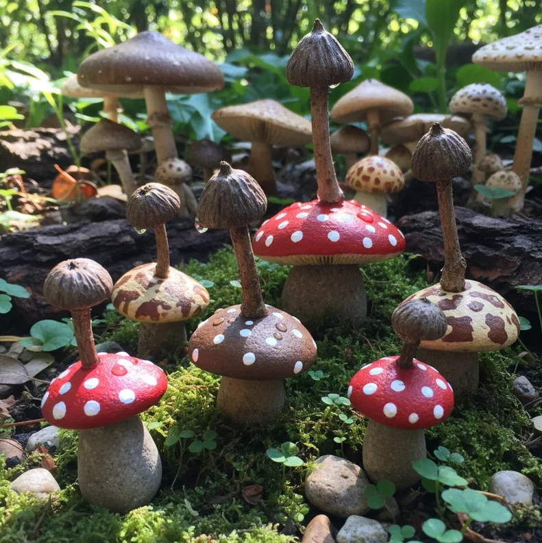 Cluster of hand crafted clay mushrooms with red and brown caps and white spots arranged on moss and stones in a woodland garden