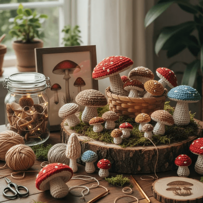 Cozy cottage core craft table with many crocheted mushroom decorations arranged on a wood slice with moss, jar of lights, yarn balls, and potted plants by a window
