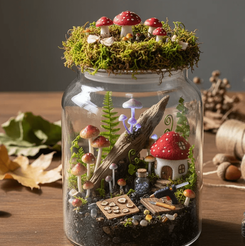 Glass jar terrarium filled with tiny clay mushrooms, a red cap mushroom house, moss, and pebbles with more mushrooms on the moss covered lid