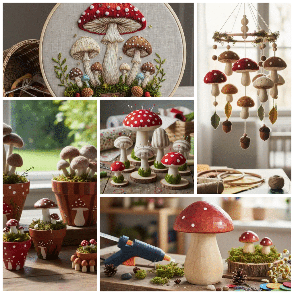 Collage of whimsical mushroom crafts including embroidered art hoop, hanging mobile, potted mushroom decor, pincushions, and carved wooden mushrooms arranged on a craft table